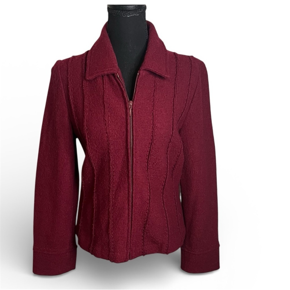 Mainbocher Wool Zip Jacket Sz M Burgundy Textured Flared Cuff Classic RN90778 - Picture 2 of 7
